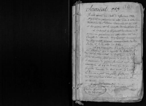 1er cahier non coté à l'origine, auquel manque la 1re page servant de titre, portant en tête " Journal 1759 ". - P. 1-45 : " Je suis arrivé au Sable le 1 février 1759... [p. 2] 1760... [p. 9] 1761... [p. 36] 1762... p. 45 [Aujourd'huy (23 juin), fin de mon journal ; ma soeur a levé de couche de sa première fille... J'ay resté en campagne à Saint-Jean-de-Mont [Saint-Jean-de-Monts] avec Mr Delaunois, commissaire de la marinne depuis le 17 may jusque au 6 juin suivant de cette année 1762, où j'ay relevé les plans de sa maison du bois ".
